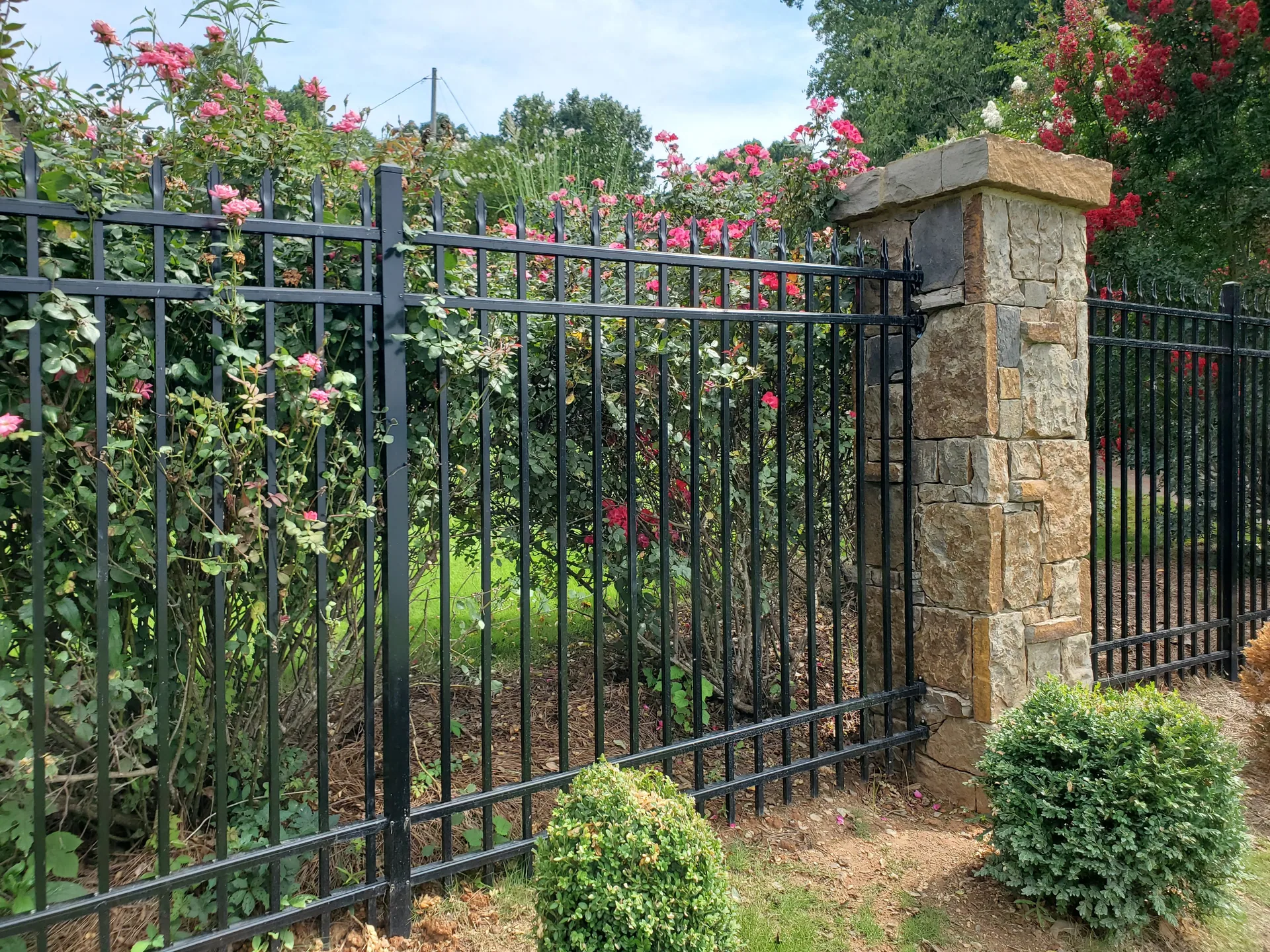 Black aluminum fence stone column rose bushes residential gaston county