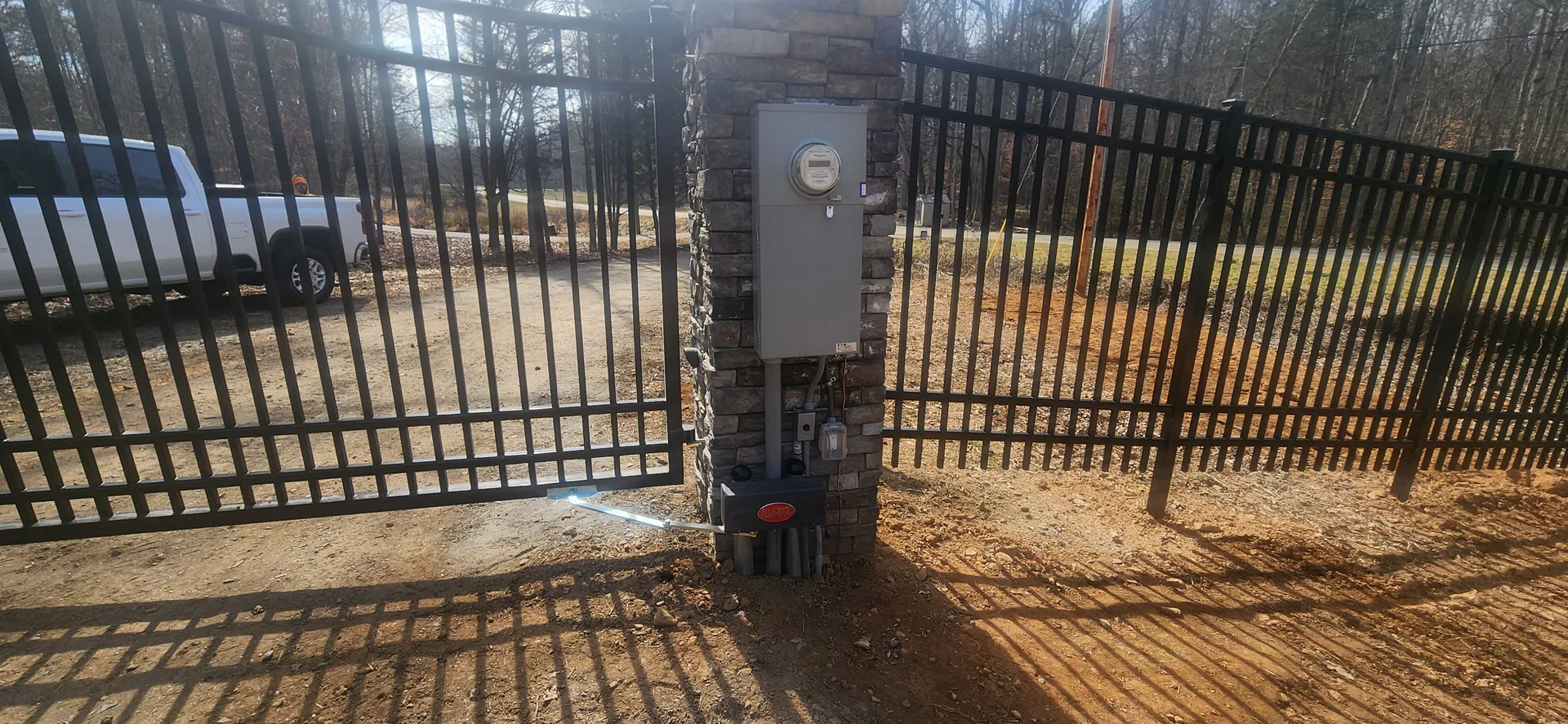 Black aluminum gate stone pillar electric meter box opener gastonia nc