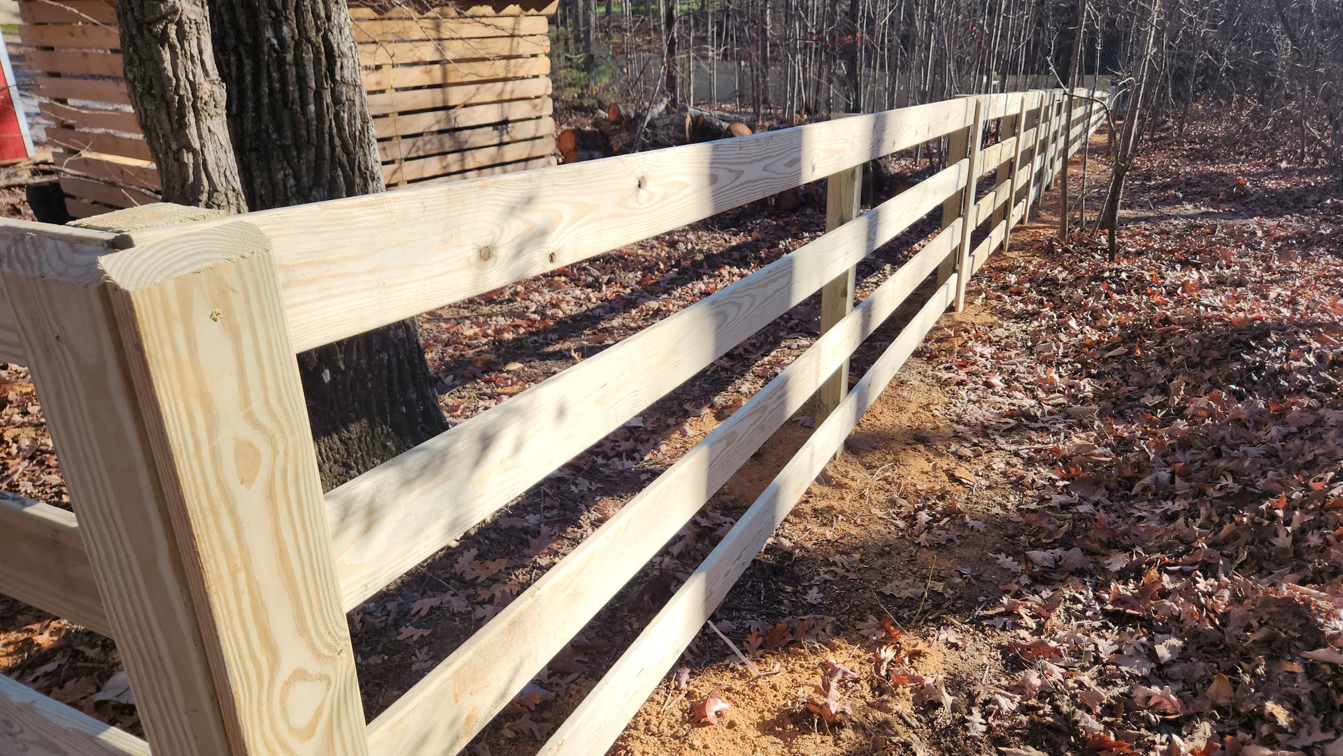 Low angle four rail pine board fence oak tree stacked wood bessemer city nc