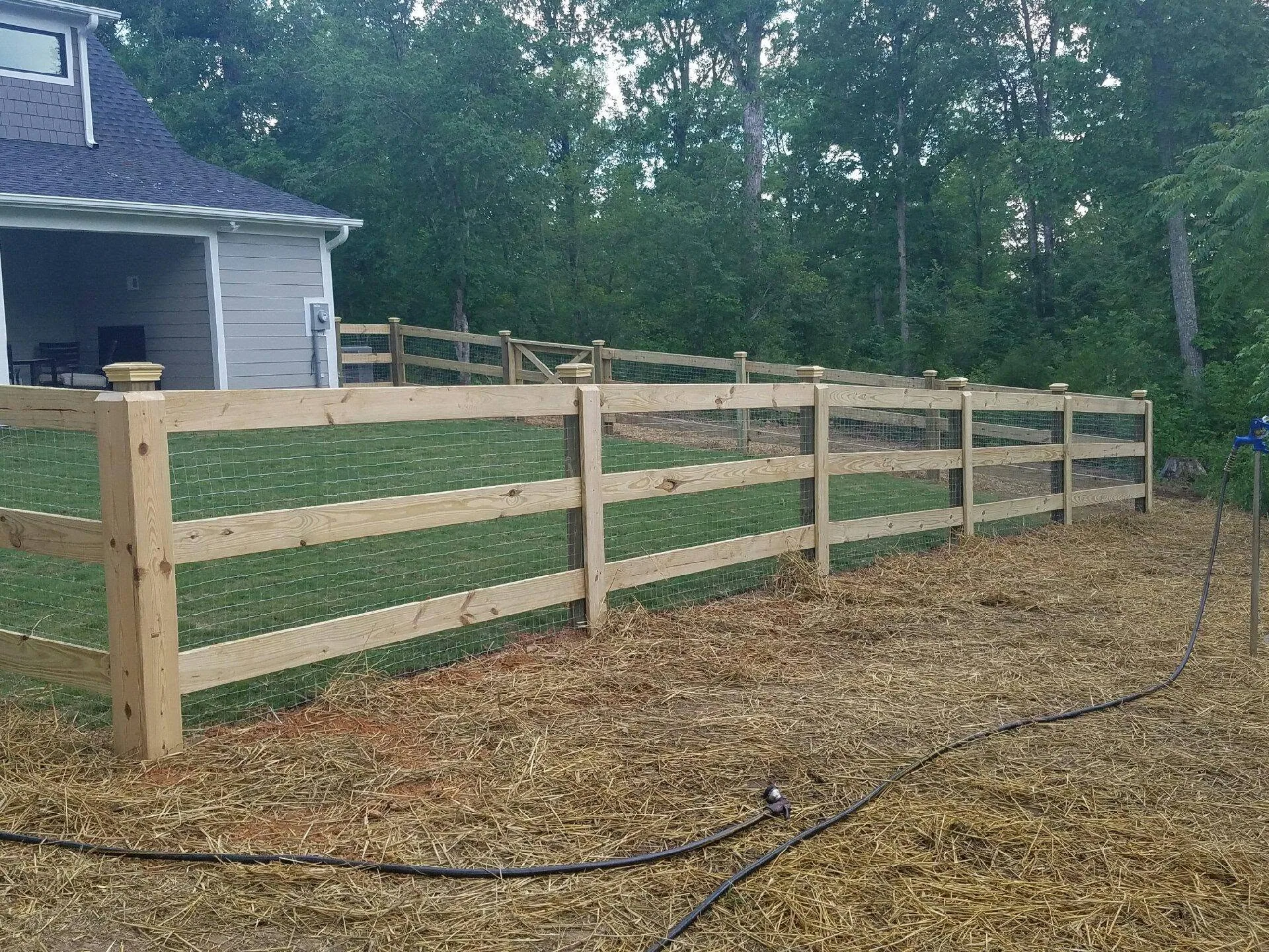 New three rail wood fence wire backyard straw garden hose gaston county