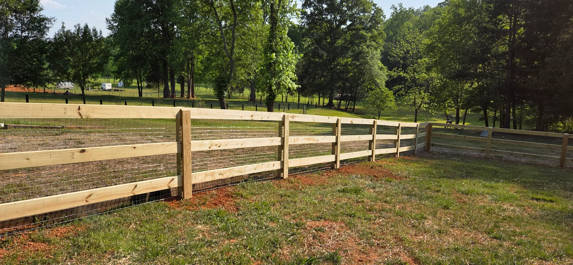 Three rail wood paddock fence welded wire corner pasture trees belmont area