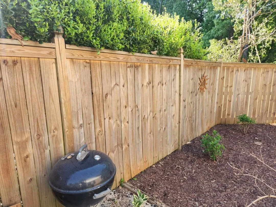 Vertical pine board privacy fence rusty sun decor kettle grill mulch bed gastoni